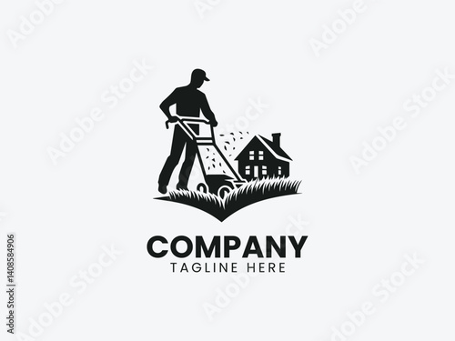Gardener Silhouette Cutting Grass Residential Area Vector Logo Design