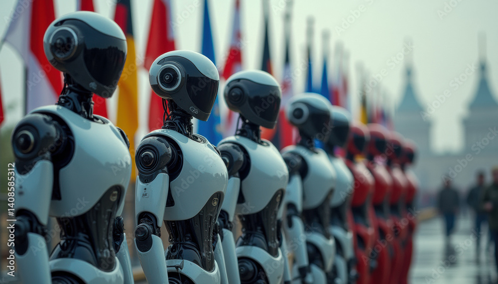 Humanoid robots in formation with world flags. Symbolizes the global AI arms race, automation in warfare, and rising tech-driven geopolitical competition.