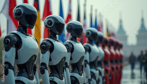 Obraz na płótnie Humanoid robots in formation with world flags. Symbolizes the global AI arms race, automation in warfare, and rising tech-driven geopolitical competition. w salonie