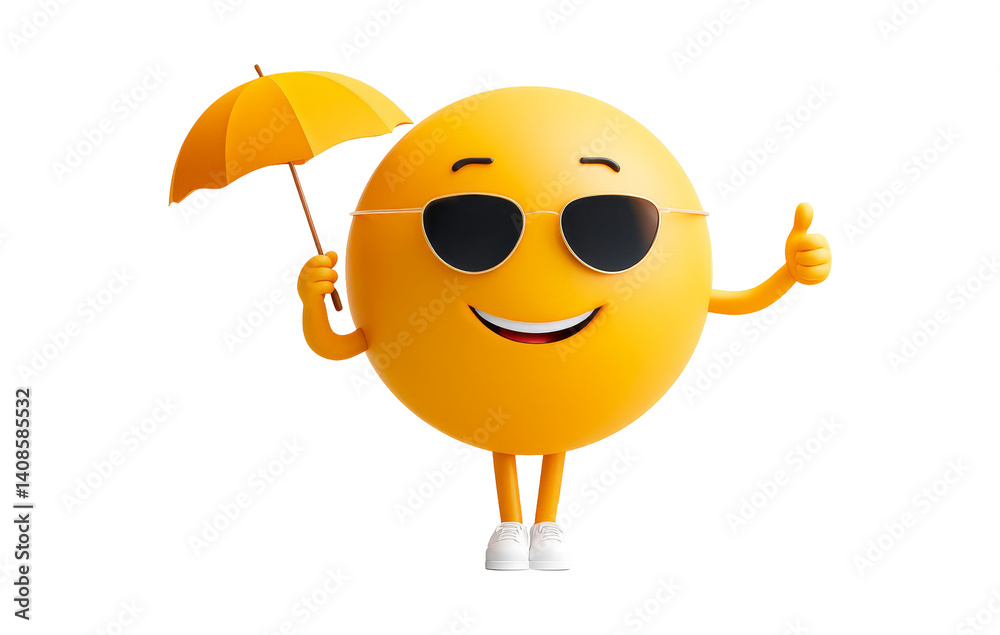 Happy 3D Cartoon Sun with Sunglasses and Umbrella on Sunny Day