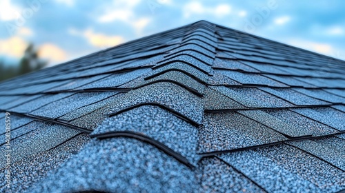 Close-up view of a  Gray Asphalt Shingle Roof under a Cloudy Sky