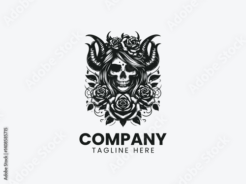 Intricate Skull Wrapped Snake Blooming Flowers Vector Logo Design