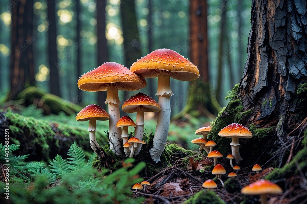 Fototapeta premium Lush Cedar Forest with Colorful Mushrooms in Sharp Focus