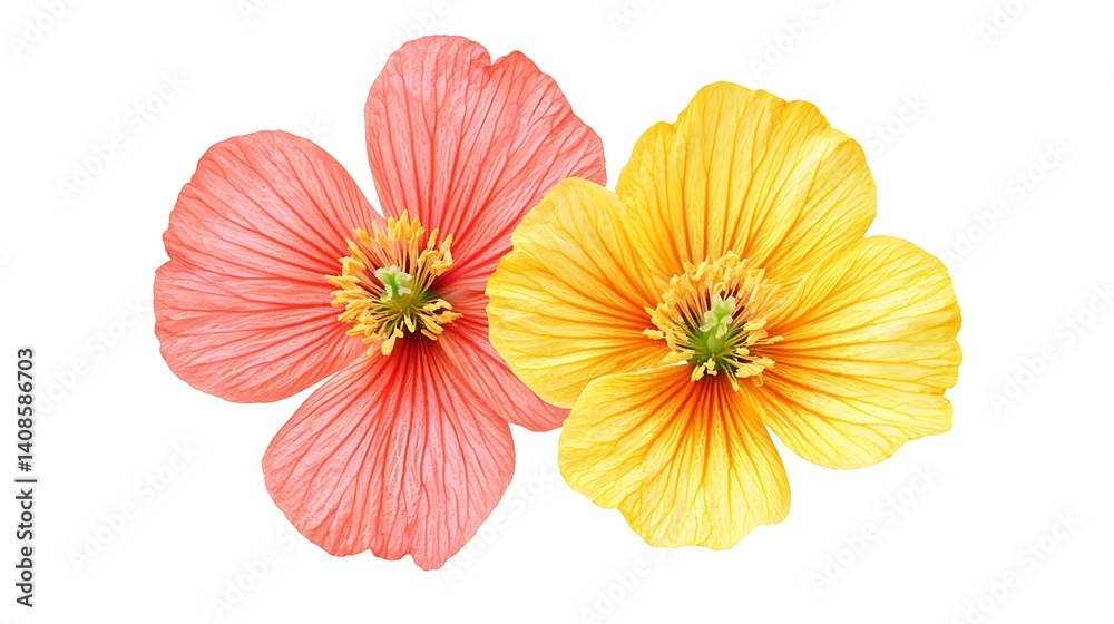 Obraz premium Vibrant Hibiscus Flowers in Pink and Yellow on a White Background