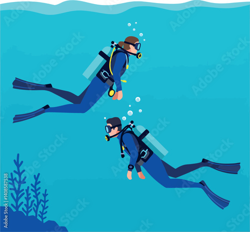 Two divers exploring vibrant underwater scenery in minimal flat vector art