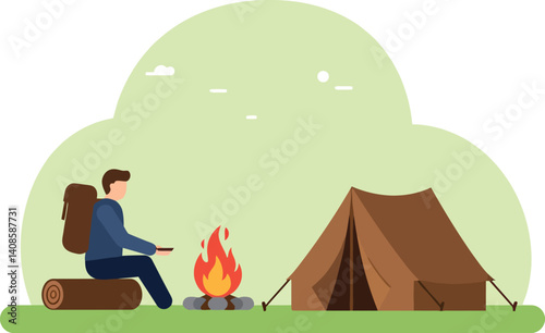 A camper sitting by a warm fire in a minimal flat design vector illustration of outdoor adventure