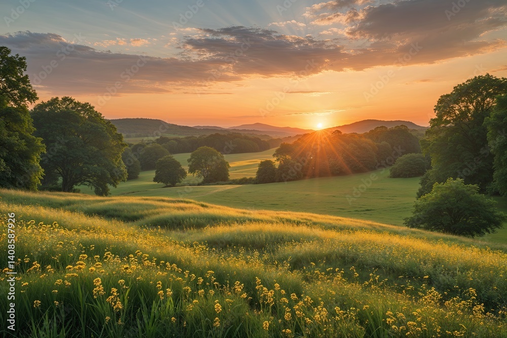 Obraz premium Mesmerizing Sunrise Above a Verdant Meadow Landscape