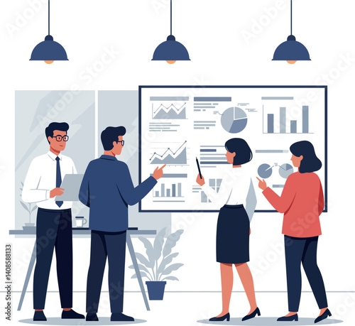 Business professionals engaged in a collaborative discussion in a modern office flat vector illustration