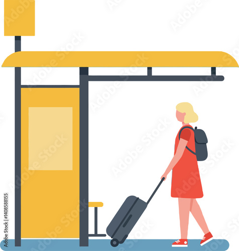 Woman in red dress with suitcase at yellow bus stop in flat vector art