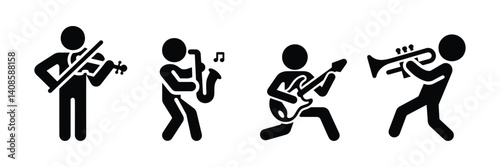 musician icon, set of stickmen playing musical instruments, orchestra, isolated human silhouettes, stick figure people