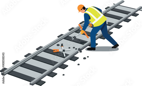 Construction worker repairing railway tracks in flat vector art style showcasing detail and precision in action