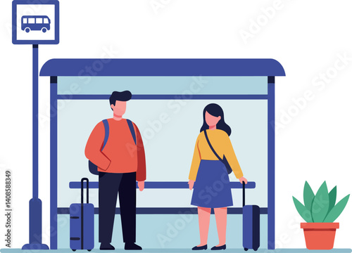 Two individuals waiting at a bus stop under a shaded shelter in flat vector art