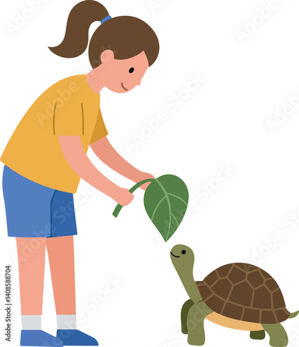 A young girl feeding a turtle with a green leaf in a flat vector illustration