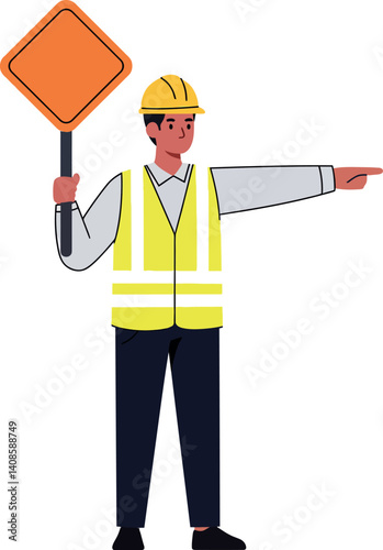 Construction worker in yellow safety vest directing traffic with orange sign, flat vector illustration