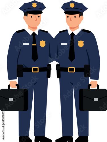 Two police officers in formal uniforms holding briefcases in a flat, minimal vector illustration
