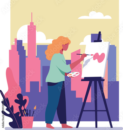 A woman painting on an easel in a cityscape with colorful buildings, flat vector art