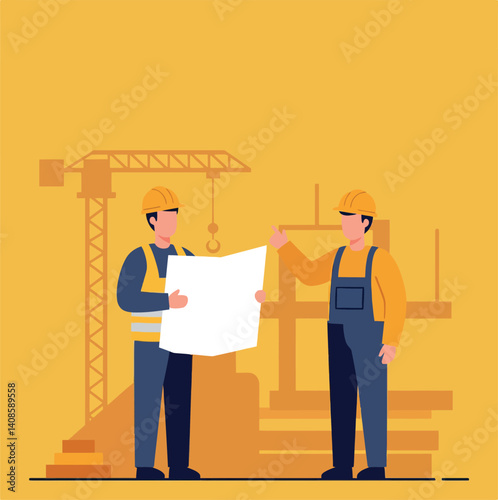 Construction workers discussing blueprints on a job site in flat vector art