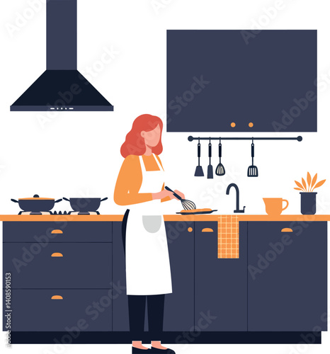 Woman cooking in a modern kitchen with dark cabinetry in a flat vector illustration