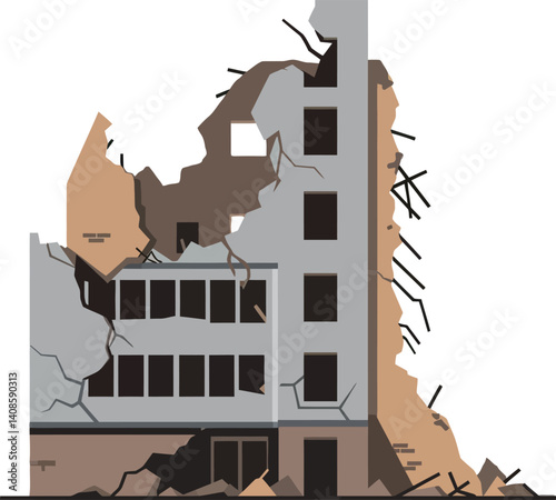 A partially collapsed building in a detailed flat style showcasing destruction and decay in vector art