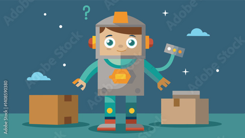 A child wearing a makeshift robot costume made out of cardboard and tin foil pretending to be a robot while learning about its inner workings.. Vector illustration
