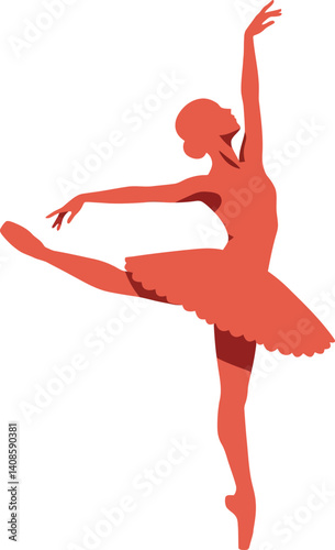 Elegant ballerina performing an arabesque in a graceful pose, flat vector illustration