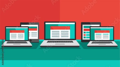 A row of laptops set up on a desk each displaying a different website design created by a group of teenage web designers.. Vector illustration