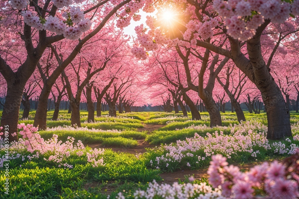 Lively Cherry Blossom Grove Bathed in Bright Spring Sunshine Lively Cherry Blossom Grove Bathed in Bright Spring Sunshine