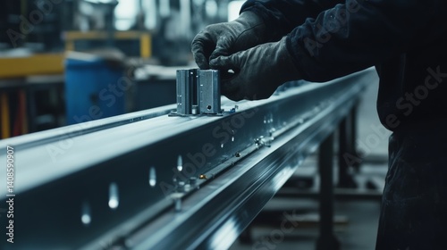 Metal framework assembler securing steel joints in a warehouse. Featuring strength and precision