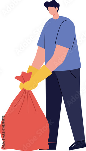 A man wearing yellow gloves holding a red trash bag in a flat vector illustration