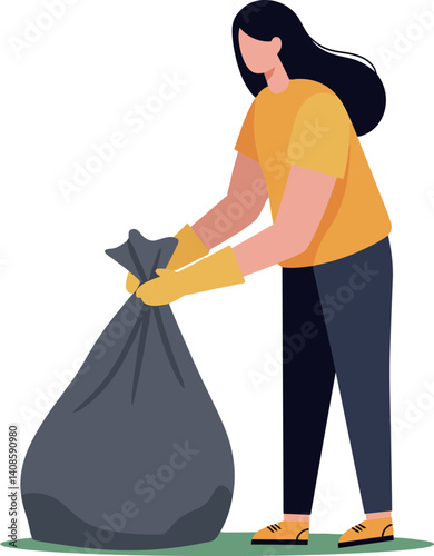 A woman in a yellow shirt collecting trash in a park, minimal vector illustration
