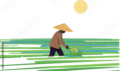 Farmer in a rice field harvesting crops under a bright sun, minimal vector illustration