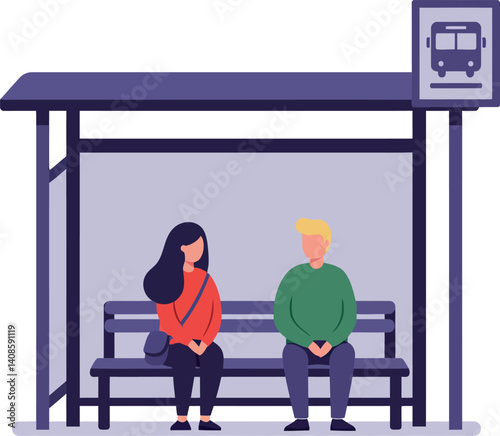 Two people waiting at a bus stop in minimal flat vector art