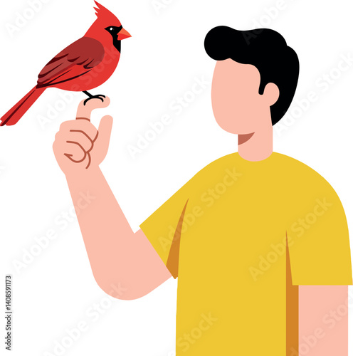 A man in a yellow shirt gently holding a red cardinal on his hand in minimal vector illustration