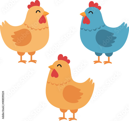 Three colorful cartoon chickens in flat design style creating a cheerful vector illustration