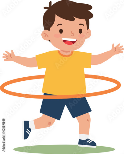 Happy child in a yellow shirt playing with a hula hoop in flat vector art