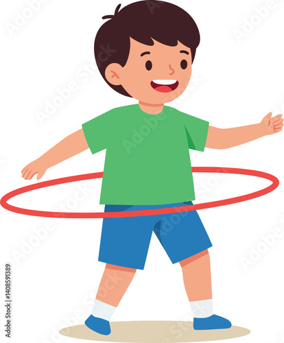 A cheerful boy enjoying hula hooping in a vibrant flat vector illustration