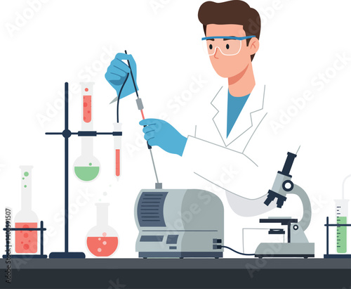 Scientist performing experiments in a lab with colorful liquids in flat vector art