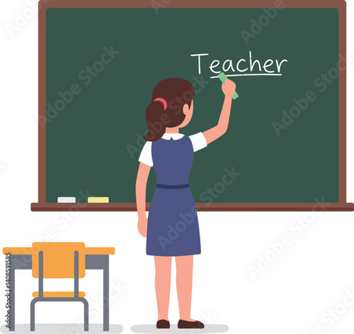 Teacher writing on a chalkboard in a classroom, minimal style, conveying a learning atmosphere in vector illustration