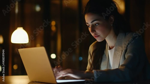 Focused young businesswoman working late on a laptop in her dimly lit office