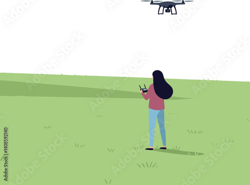 Woman controlling a drone in a green field with a minimal flat design vector art
