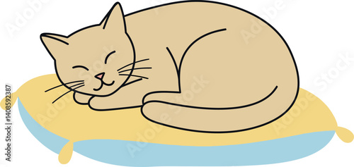 A sleeping cat curled up peacefully on a soft pillow in a minimal flat vector illustration