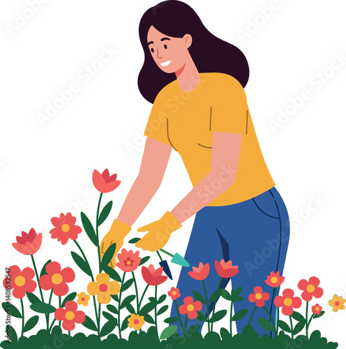 A woman tending to colorful flowers in a garden, flat vector art illustration