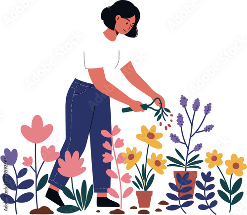 A woman tending to vibrant flowers in a colorful garden, flat vector art