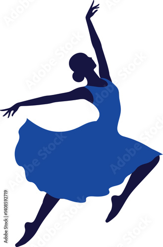 Elegant ballet dancer in a blue dress performing a graceful leap in flat vector art