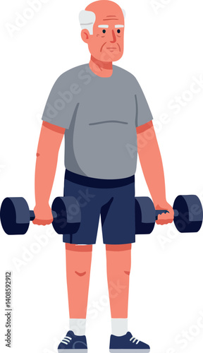 Elderly man lifting dumbbells in a flat, minimal style vector illustration