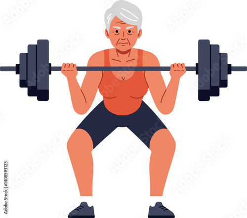 Elderly woman lifting heavy barbell in a dynamic flat design vector art
