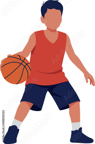 Young boy dribbling a basketball in a dynamic pose, flat vector illustration