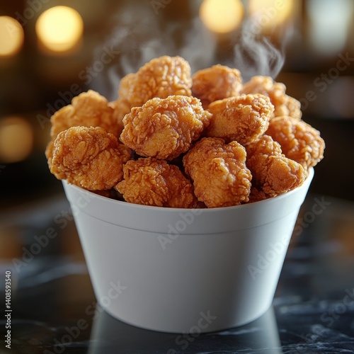 A bucket of golden brown fried chicken nuggets with rising steam close-up