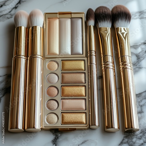Elegant golden makeup palette and brushes arrayed on marble surface, close up