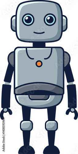 Friendly robot character design in a flat style showcasing a cheerful expression and engaging demeanor in vector art